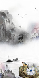 麋鹿森林水墨山水花鸟背景玄关