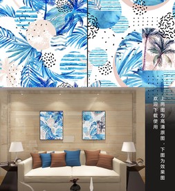 高清蓝色树叶装饰画挂画