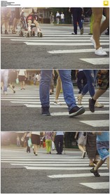 行人脚步走过街道十字路