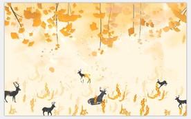 手绘银杏叶森林鹿群壁画背景墙