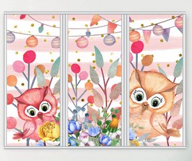 卡通水彩猫头鹰三联门