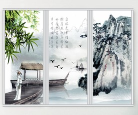 中国风山水水墨风景三联门