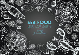 手绘天然海鲜餐厅背景墙