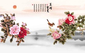 牡丹工笔花鸟电视背景墙
