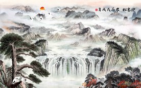 国画迎客松背景墙