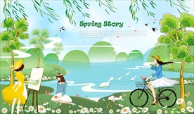 手绘卡通春天风景背景