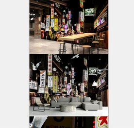 韩国街头夜景怀旧餐饮背景墙壁画