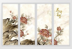 中式手绘工笔画牡丹移门