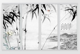 中式简约水墨竹子山水画移门