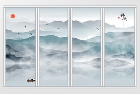 中式山水仙境水墨画移门