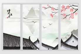 中式水墨意境山水马头墙移门