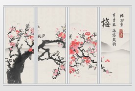 中式手绘工笔梅花背景移门