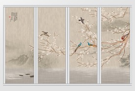 新中式山水画水墨风花鸟移门
