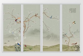 新中式水墨风山水画花鸟移门