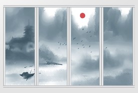 新中式水墨风格寺庙红日移门