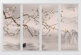 新中式黄鹂鸟山水画移门