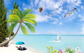 海边沙滩椰子树背景墙