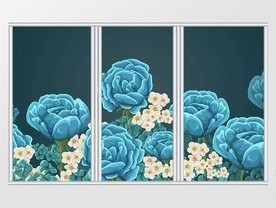 现代简约手绘蓝色牡丹花卉移门