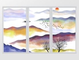 新中式彩色水墨山水背景移门