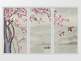 中式家和富贵玉兰水墨山水移门