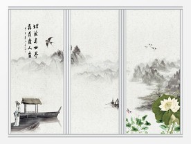中式水墨荷花移门