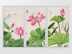 水墨风格荷塘荷花移门