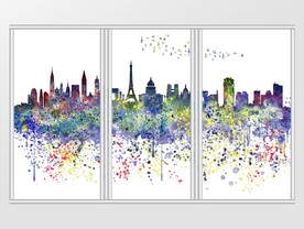 现代简约水彩手绘城市剪影移门