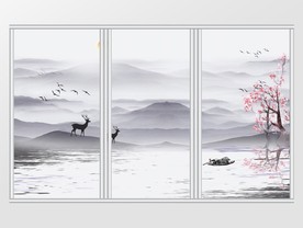 新中式山水麋鹿中国风桃花移门