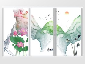 新中式山水水墨彩色荷花移门