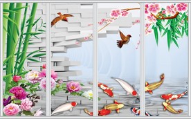 3D九鱼图竹子梅花移门