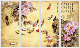 国色天香牡丹九鱼图移门