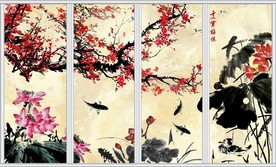 红梅花开水墨荷花移门