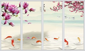 山水情玉兰桃花九鱼图移门