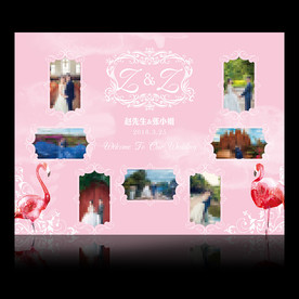 粉色火烈鸟水彩婚礼照片墙