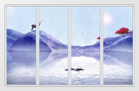 新中式山水麋鹿渔船移门