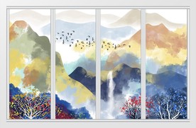 中式彩色抽象山水移门