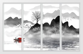 中式写意水墨山水画移门