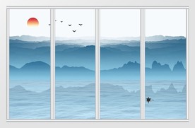 蓝色水墨山水意境移门