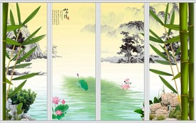 中国风山水画竹子荷塘移门