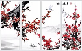 中国风红梅花开移门