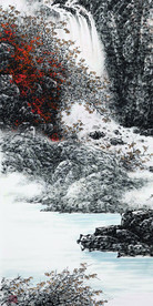 水墨山水瀑布中式玄关