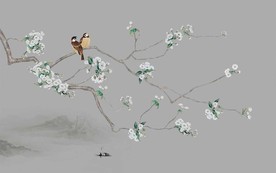 素雅花鸟山水中式电视机背景墙