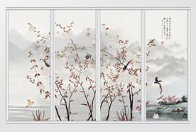 新中式水墨山水鸟语花移门