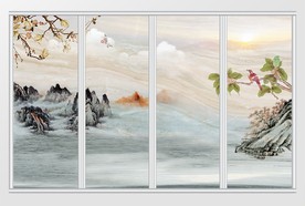 大理石纹山水花日出移门