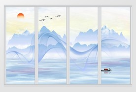 新中式抽象线条水墨山水风移门