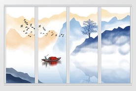 中式手绘水墨山水画移门