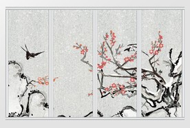 中式水墨冬景花鸟移门