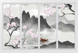 新中式水墨山水画梅花移门