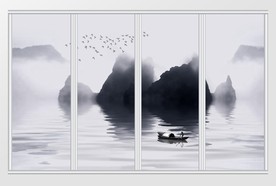 水墨山水飞鸟移门