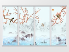 新中式花鸟水墨山水移门